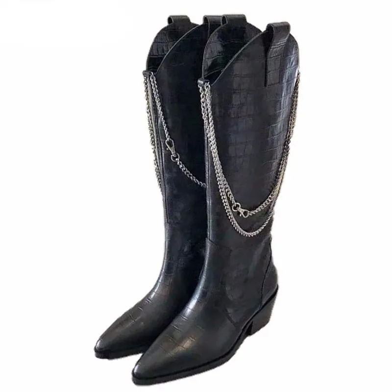 New Metal chain Tassel Black Knee high boots women crocodile leather Square chunky heel Knight boots Sexy Cowboy boots Femme