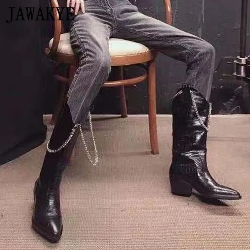 New Metal chain Tassel Black Knee high boots women crocodile leather Square chunky heel Knight boots Sexy Cowboy boots Femme