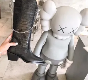 New Metal chain Tassel Black Knee high boots women crocodile leather Square chunky heel Knight boots Sexy Cowboy boots Femme