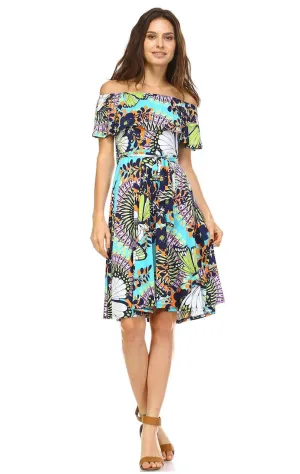 Off The Shoulder Knee Length Dress Butterfly Turquoise