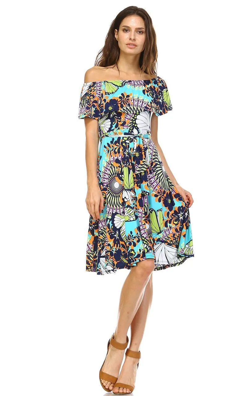 Off The Shoulder Knee Length Dress Butterfly Turquoise
