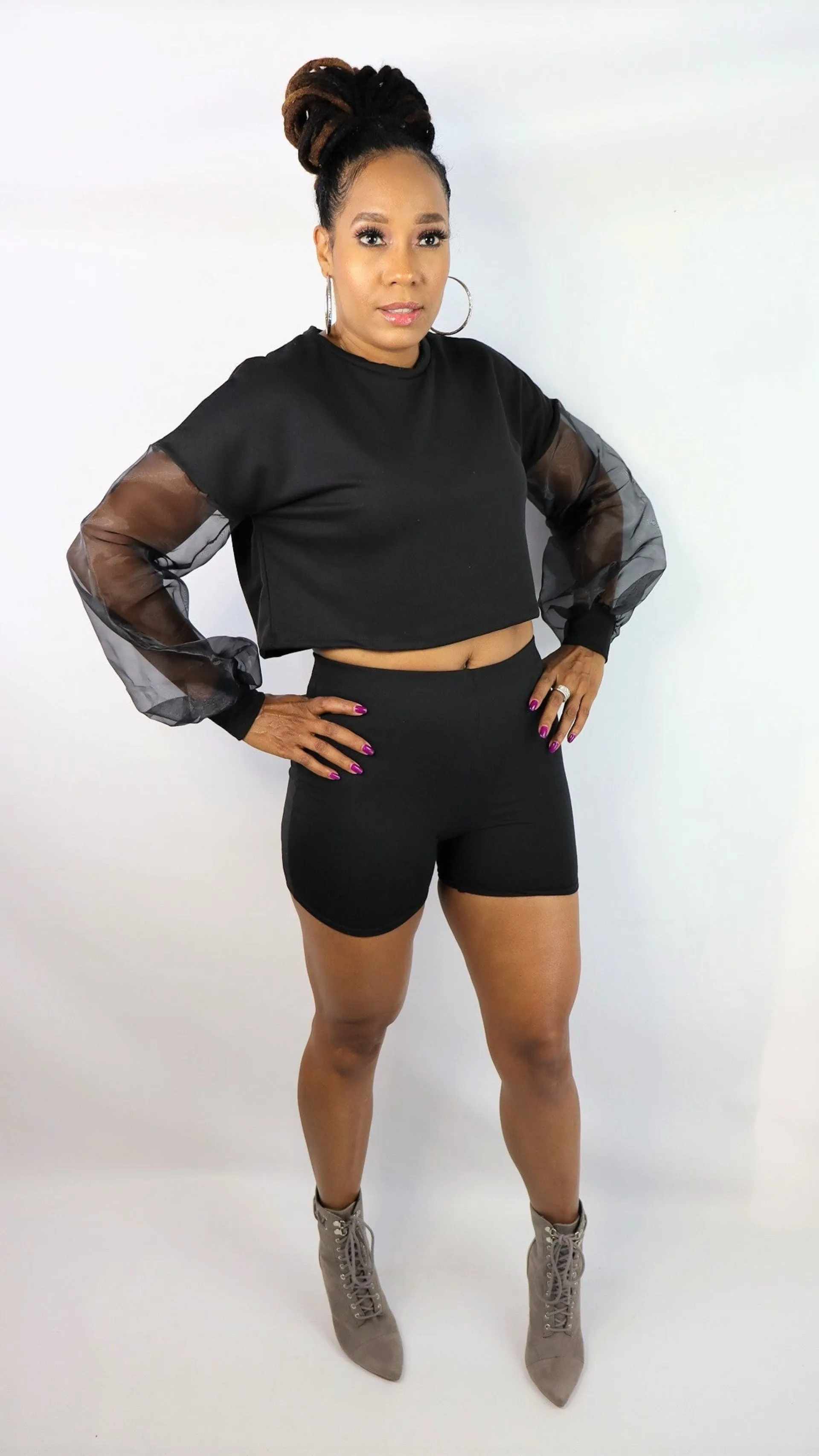 Organza Puff Sleeve Biker Short Set | Black