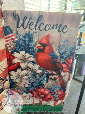 Patriotic Cardinal with Flowers 12 x18 Double Sided Garden Flag