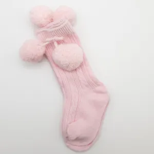 Pink Knee High Ribbed Pom Pom Socks