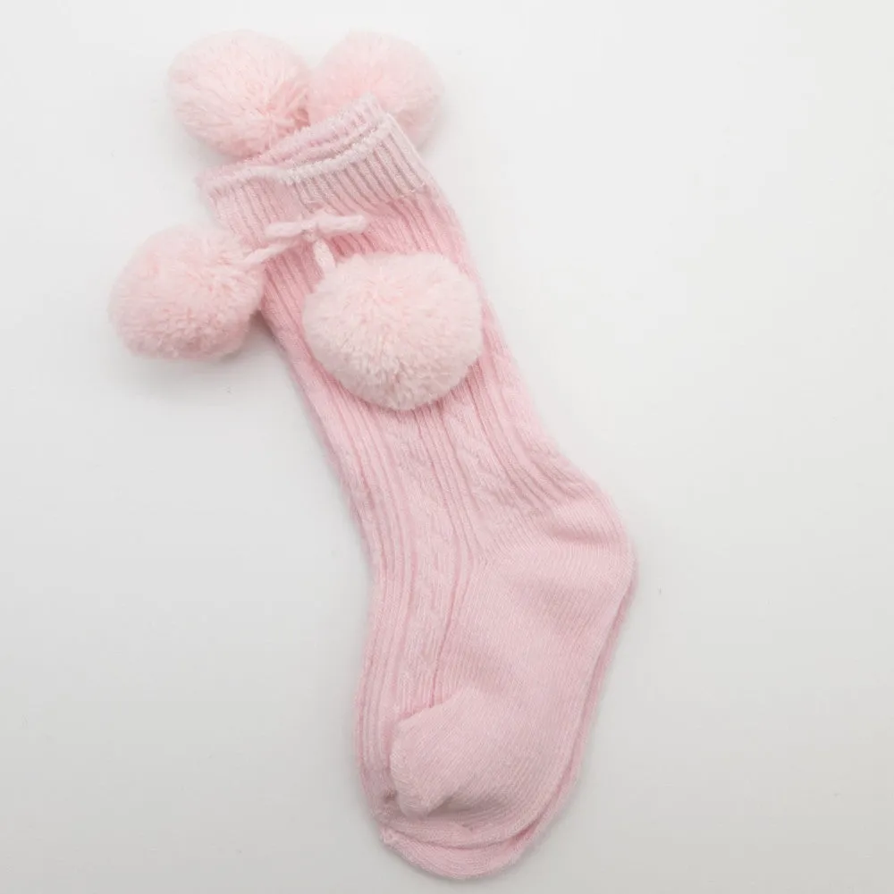 Pink Knee High Ribbed Pom Pom Socks