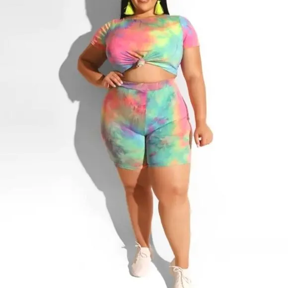 Plus Size Tie Dye Short Sleeve Top &amp; Biker Short Sz 1X