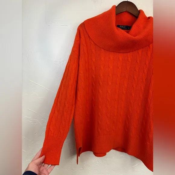 POLO RALPH LAUREN Cashmere Cable Knit Sweater Women Orange Wool Cowl Turtleneck