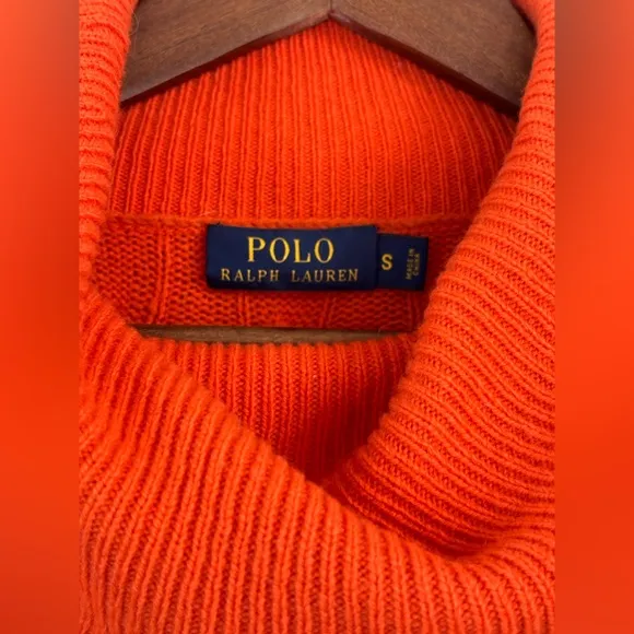 POLO RALPH LAUREN Cashmere Cable Knit Sweater Women Orange Wool Cowl Turtleneck