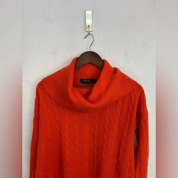 POLO RALPH LAUREN Cashmere Cable Knit Sweater Women Orange Wool Cowl Turtleneck