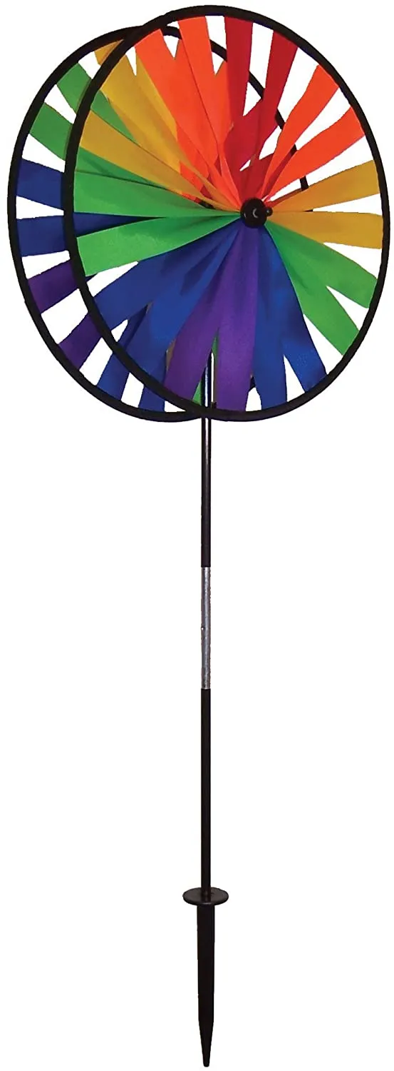 Rainbow Triple Wheel 13 or 14 inch Spinner- Ground Stake Included - Colorful Wind Spinner for your Yard and Garden