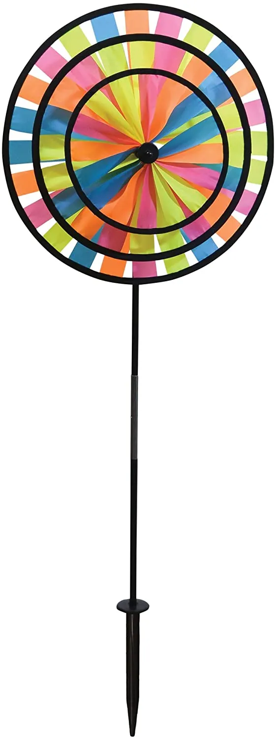 Rainbow Triple Wheel 13 or 14 inch Spinner- Ground Stake Included - Colorful Wind Spinner for your Yard and Garden