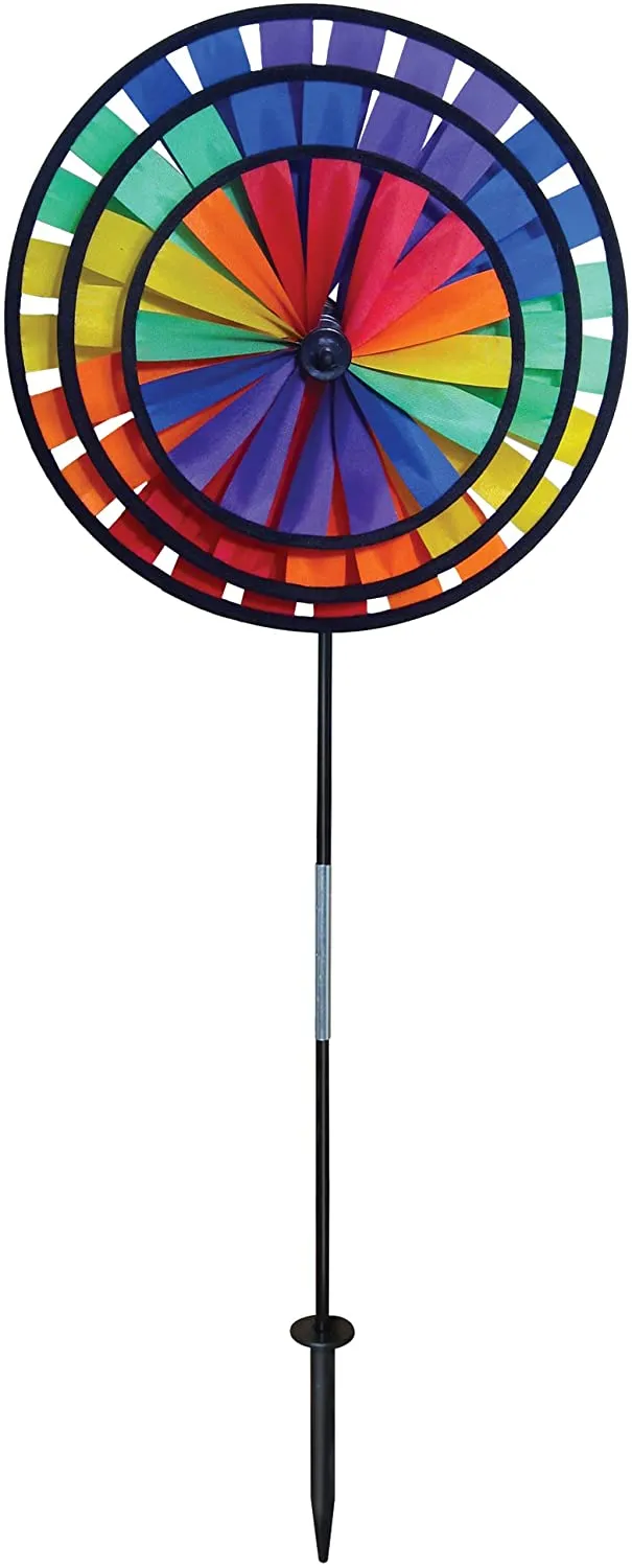 Rainbow Triple Wheel 13 or 14 inch Spinner- Ground Stake Included - Colorful Wind Spinner for your Yard and Garden