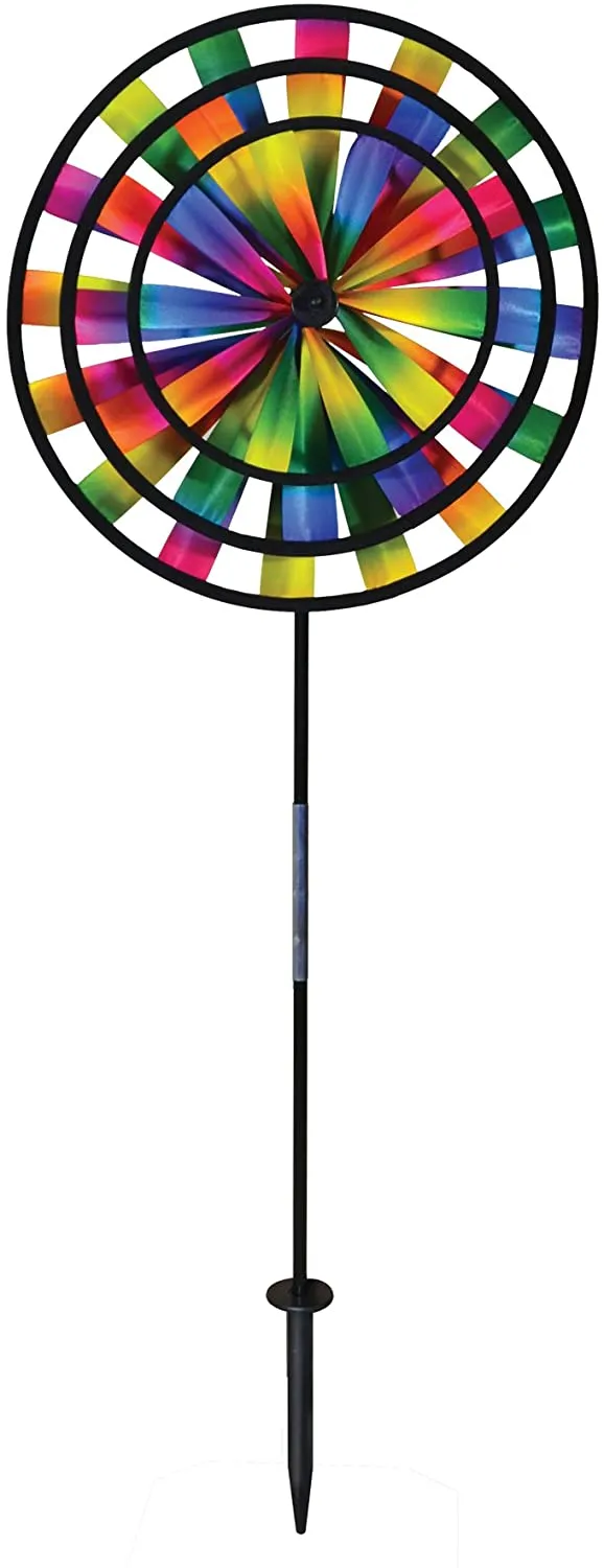 Rainbow Triple Wheel 13 or 14 inch Spinner- Ground Stake Included - Colorful Wind Spinner for your Yard and Garden