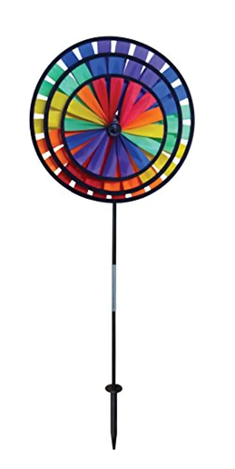 Rainbow Triple Wheel 13 or 14 inch Spinner- Ground Stake Included - Colorful Wind Spinner for your Yard and Garden