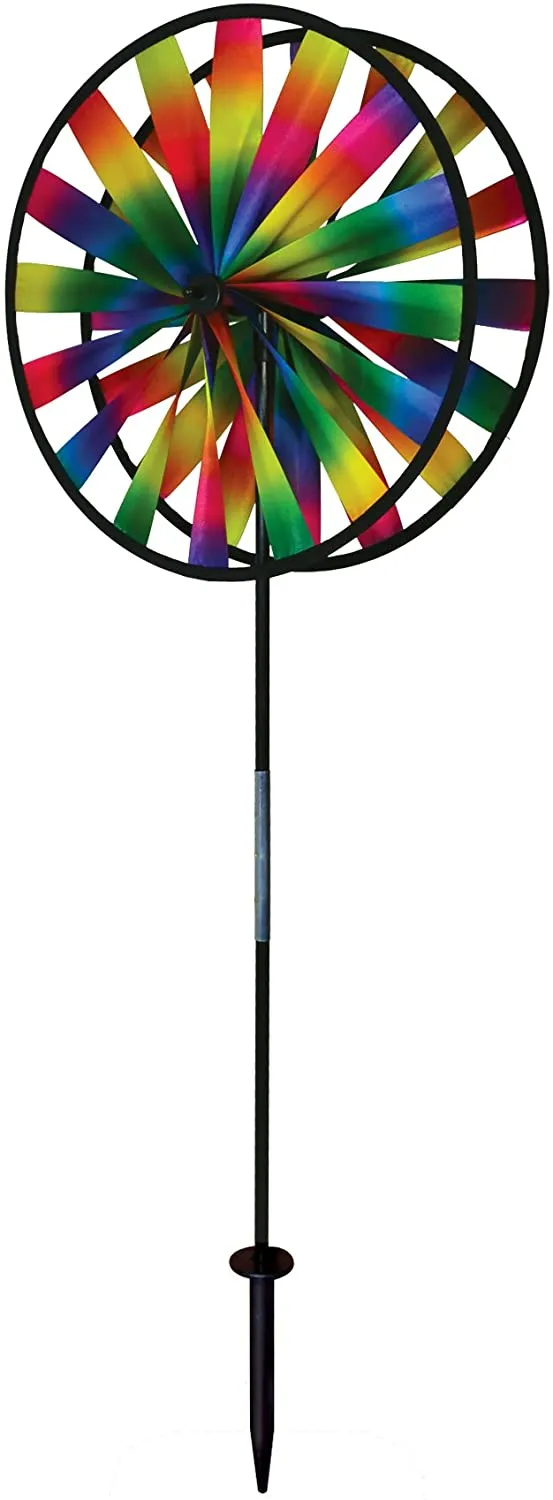 Rainbow Triple Wheel 13 or 14 inch Spinner- Ground Stake Included - Colorful Wind Spinner for your Yard and Garden