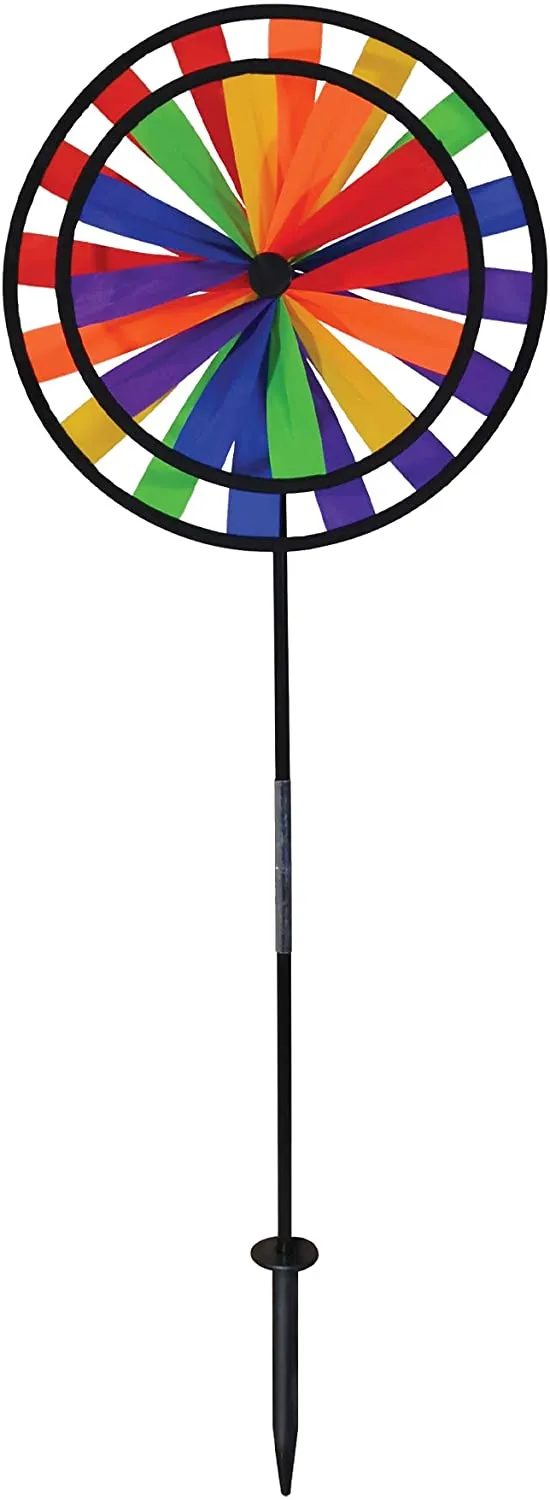 Rainbow Triple Wheel 13 or 14 inch Spinner- Ground Stake Included - Colorful Wind Spinner for your Yard and Garden