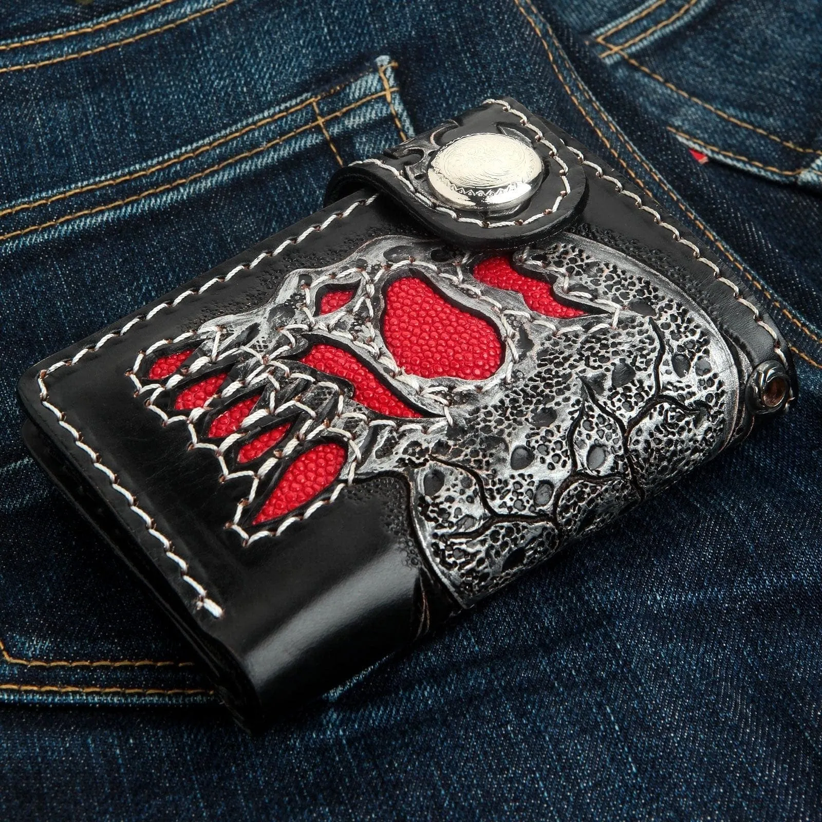 Red Stingray Leather Inlay Skull Rider Biker Wallet