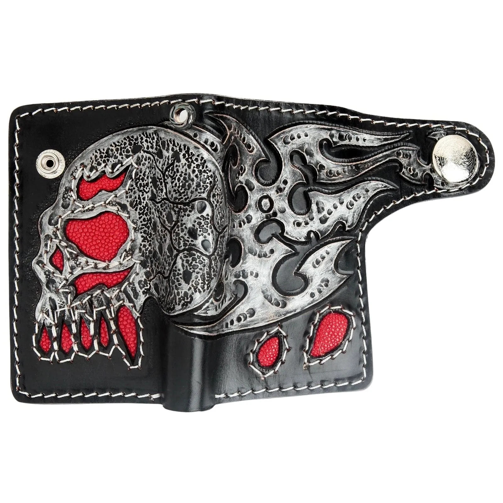 Red Stingray Leather Inlay Skull Rider Biker Wallet