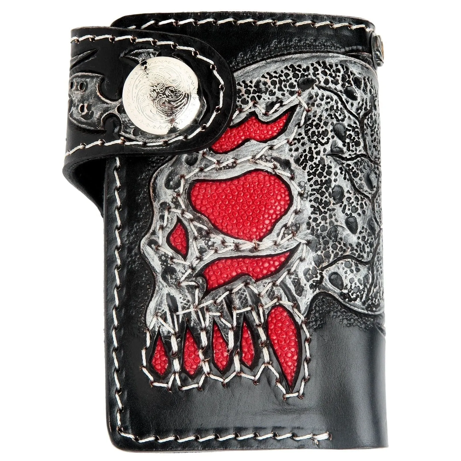 Red Stingray Leather Inlay Skull Rider Biker Wallet