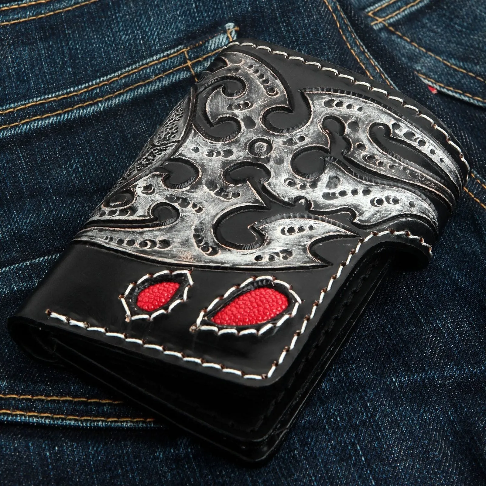 Red Stingray Leather Inlay Skull Rider Biker Wallet