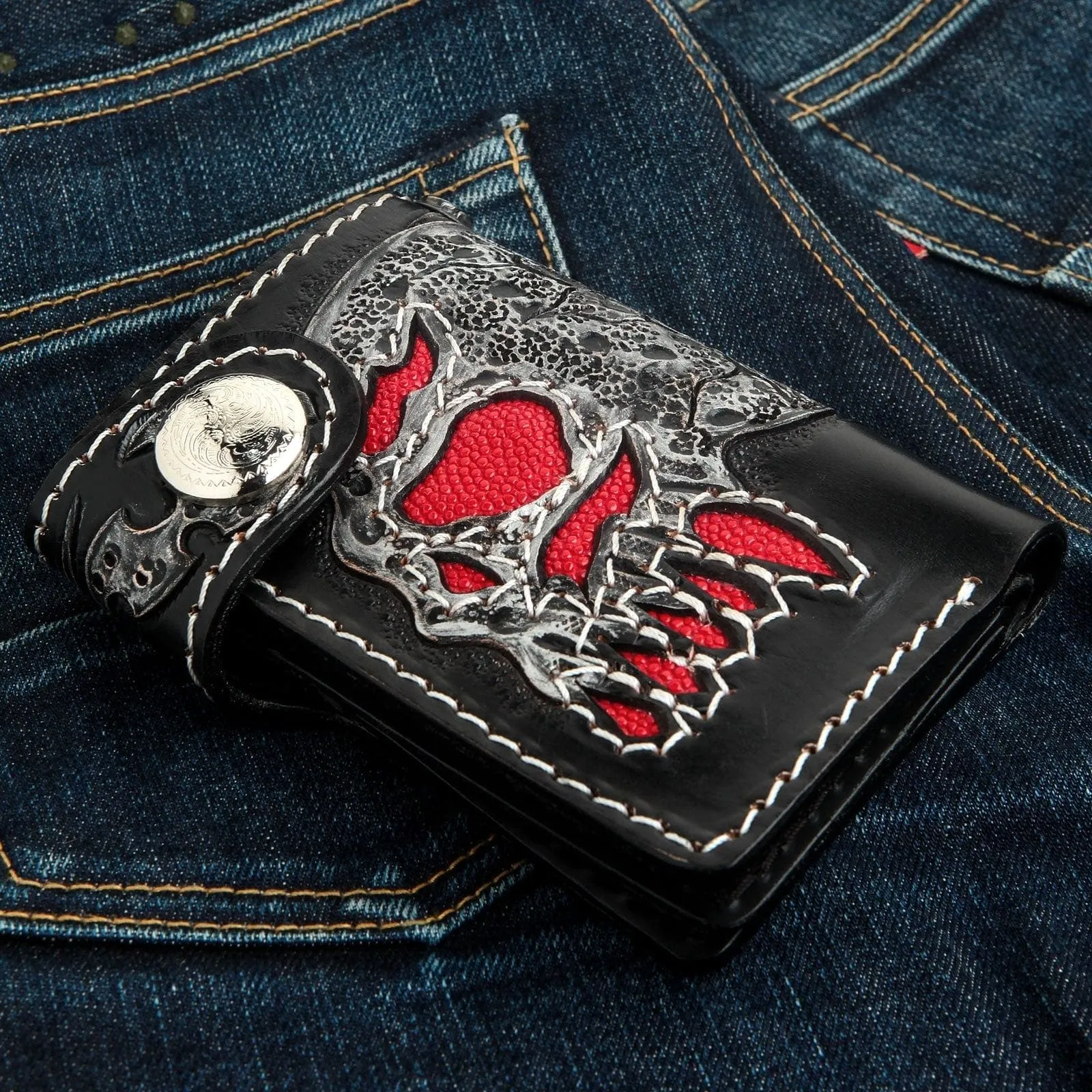 Red Stingray Leather Inlay Skull Rider Biker Wallet