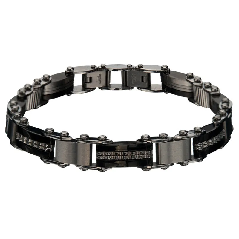 Reversible Steel Bar and Black IP Edge Matte and Polish Finished Stainless Steel Bracelet