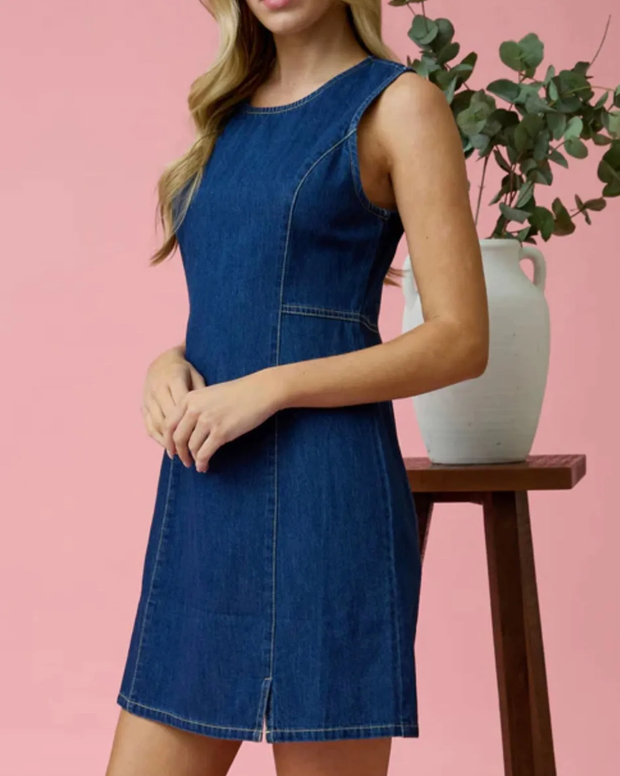 Round Neck Sleeveless Denim Mini Dress
