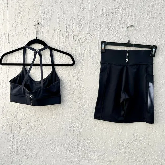 Savage X Fenty Band-It Low-Impact Sports Bra &amp; Biker Short Set Caviar Sz US 4-6