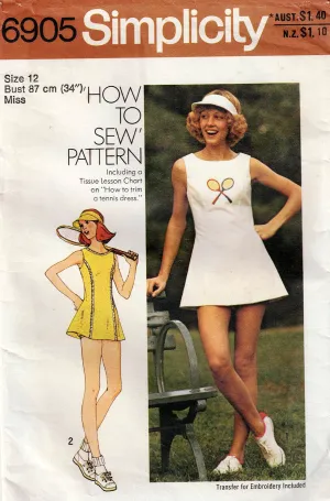 Simplicity 6905 Womens Tennis Dress Visor & Panties with Embroidery Transfer 1970s Vintage Sewing Pattern Size 12 Bust 34 Inches