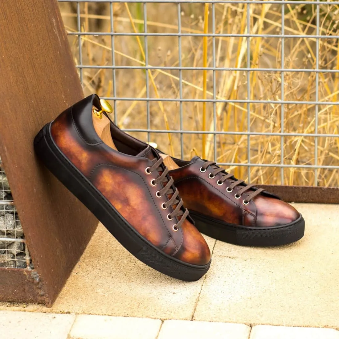Sneakers Jersey en cuir patiné cognac - Semelles Noires