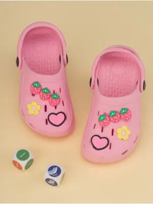Soft & Stylish Clogs with 3D Strawberry, Flower & Heart Accents for Girls- Pink
