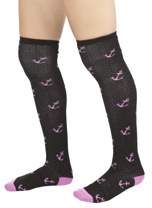 Sourpuss Seafaring Black/Pink over the knee socks