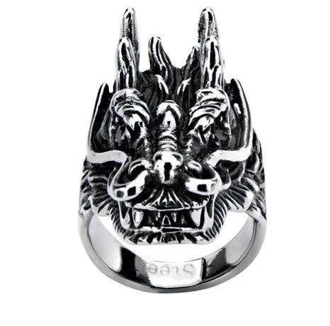 Stainless Steel Black Oxidized Dragon Head Ring