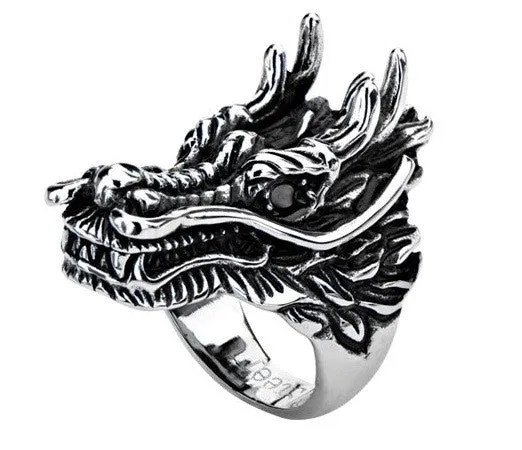 Stainless Steel Black Oxidized Dragon Head Ring