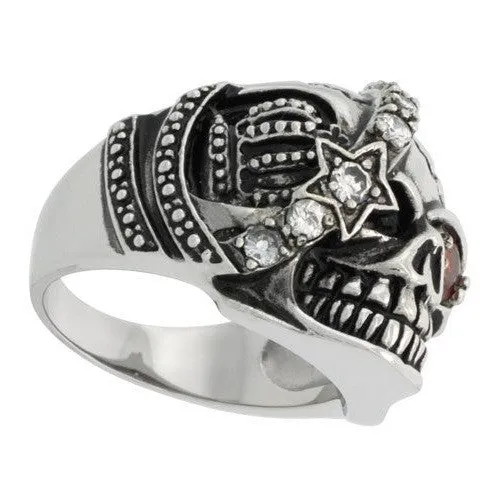 Stainless Steel Black Oxidized Star Eye Patch Crown Skull Red Gem Ring
