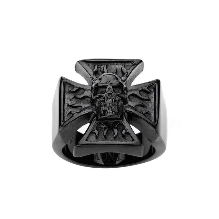 Stainless Steel IP Black Matte Iron Cross Skull Ring
