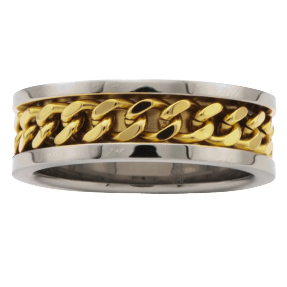 Stainless Steel Ring with IP Gold Curb Chain in Middle