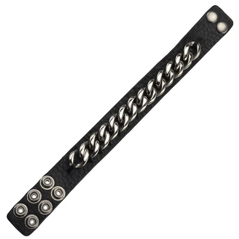 Stainless Steel Shiny Polished Steel Curb on Leather Bracelet