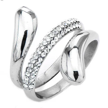 Stainless Steel Three Row Rings w/ Clear Gems in Middle Row