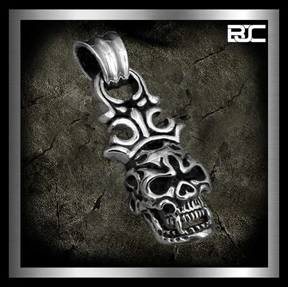 Sterling Silver Biker Crowned Classic Flame Skull Pendant