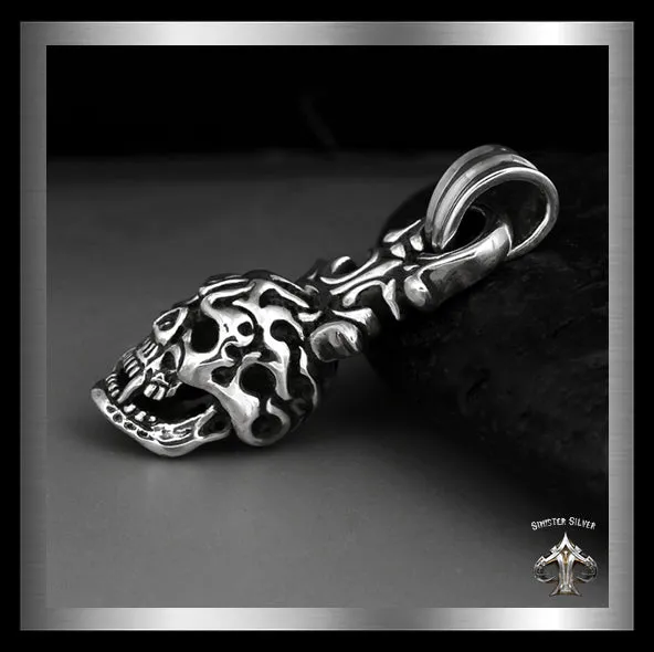 Sterling Silver Biker Crowned Classic Flame Skull Pendant