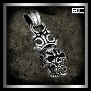 Sterling Silver Biker Crowned Classic Flame Skull Pendant