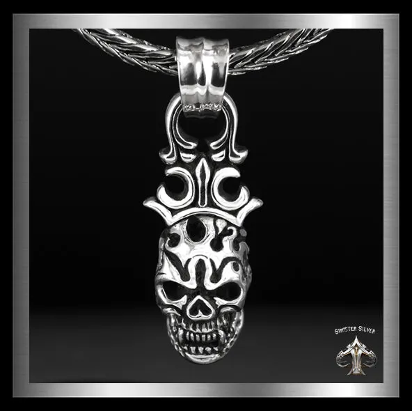 Sterling Silver Biker Crowned Classic Flame Skull Pendant