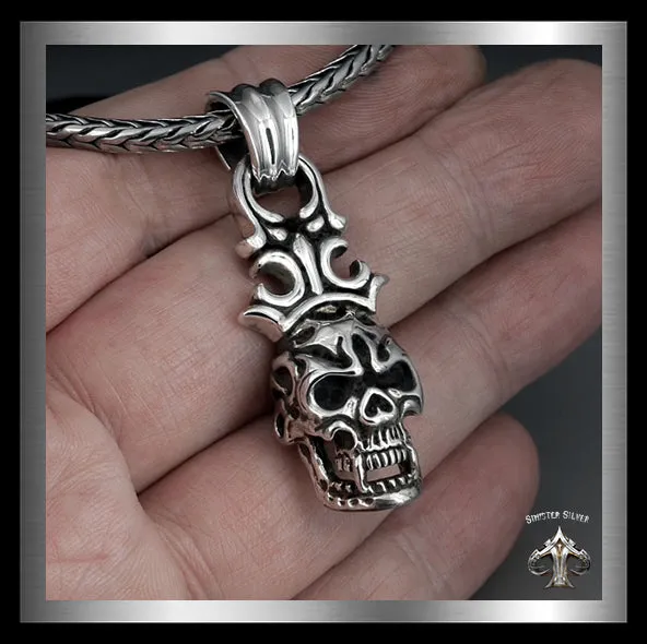 Sterling Silver Biker Crowned Classic Flame Skull Pendant