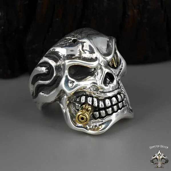 Sterling Silver Biker Dollar Skull Mens Ring