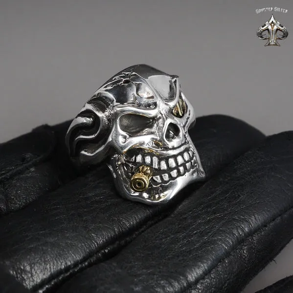 Sterling Silver Biker Dollar Skull Mens Ring
