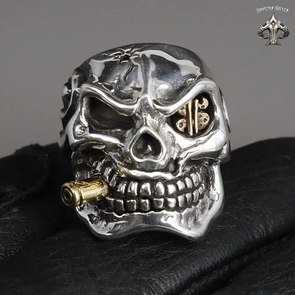 Sterling Silver Biker Dollar Skull Mens Ring