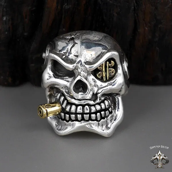 Sterling Silver Biker Dollar Skull Mens Ring