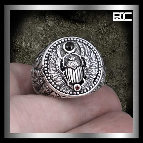 Sterling Silver Egyptian Scarab Thoth Anubis Biker Ring