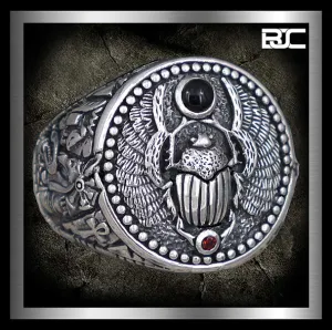 Sterling Silver Egyptian Scarab Thoth Anubis Biker Ring